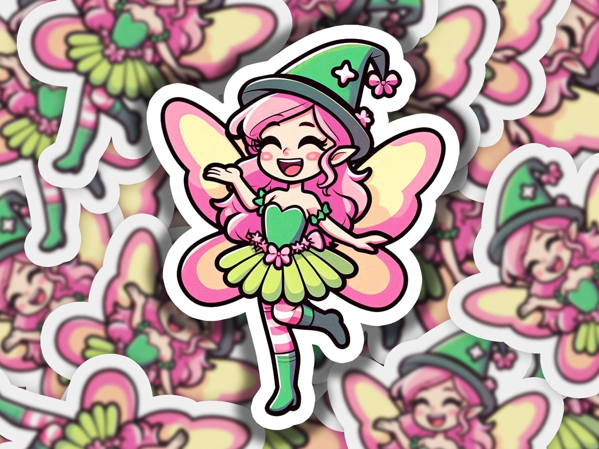 a sticker of a pink fairy with a green hat