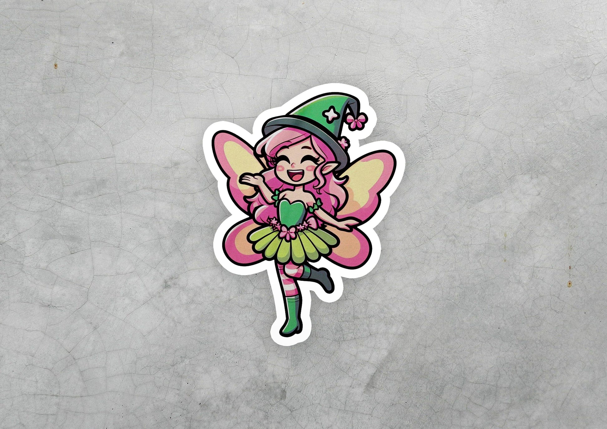 a sticker of a pink fairy with a green hat