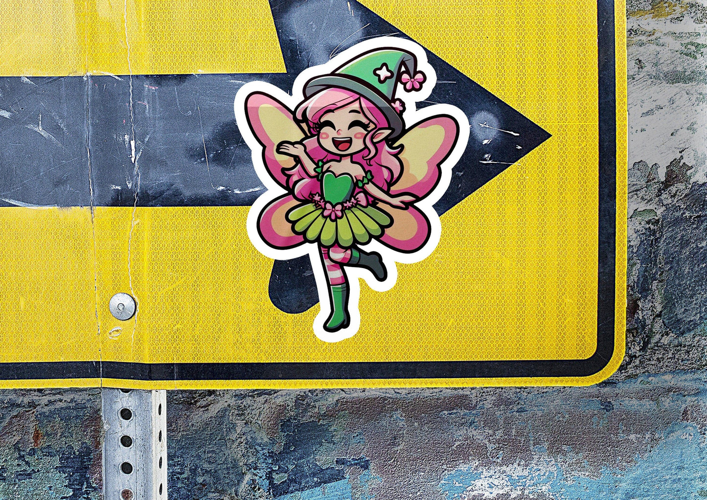 a sticker of a fairy on a yellow street sign