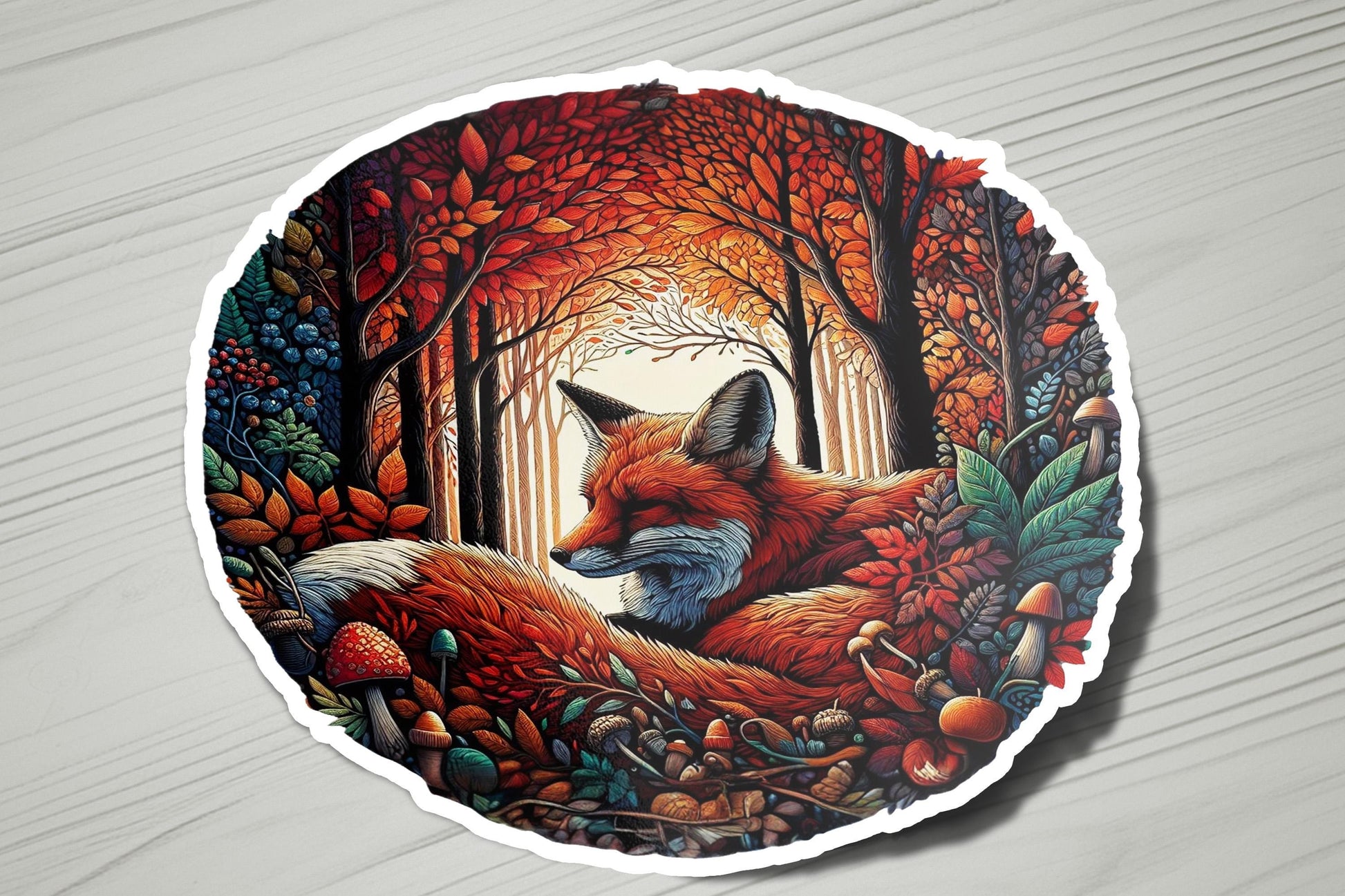 a sticker with a picture of a fox in a forest