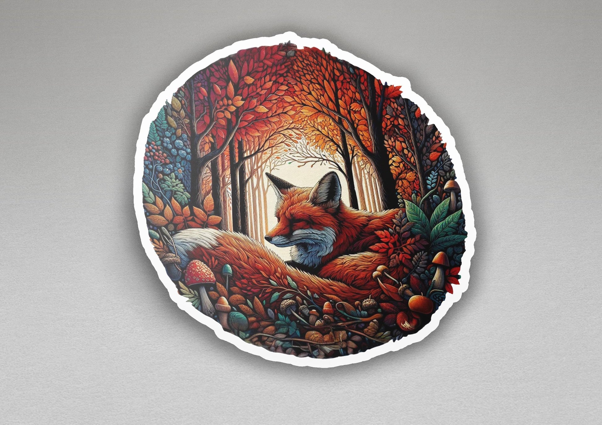 a sticker with a picture of a fox in a forest