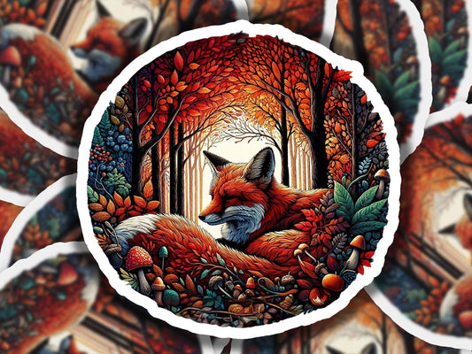 a sticker with a picture of a fox in a forest