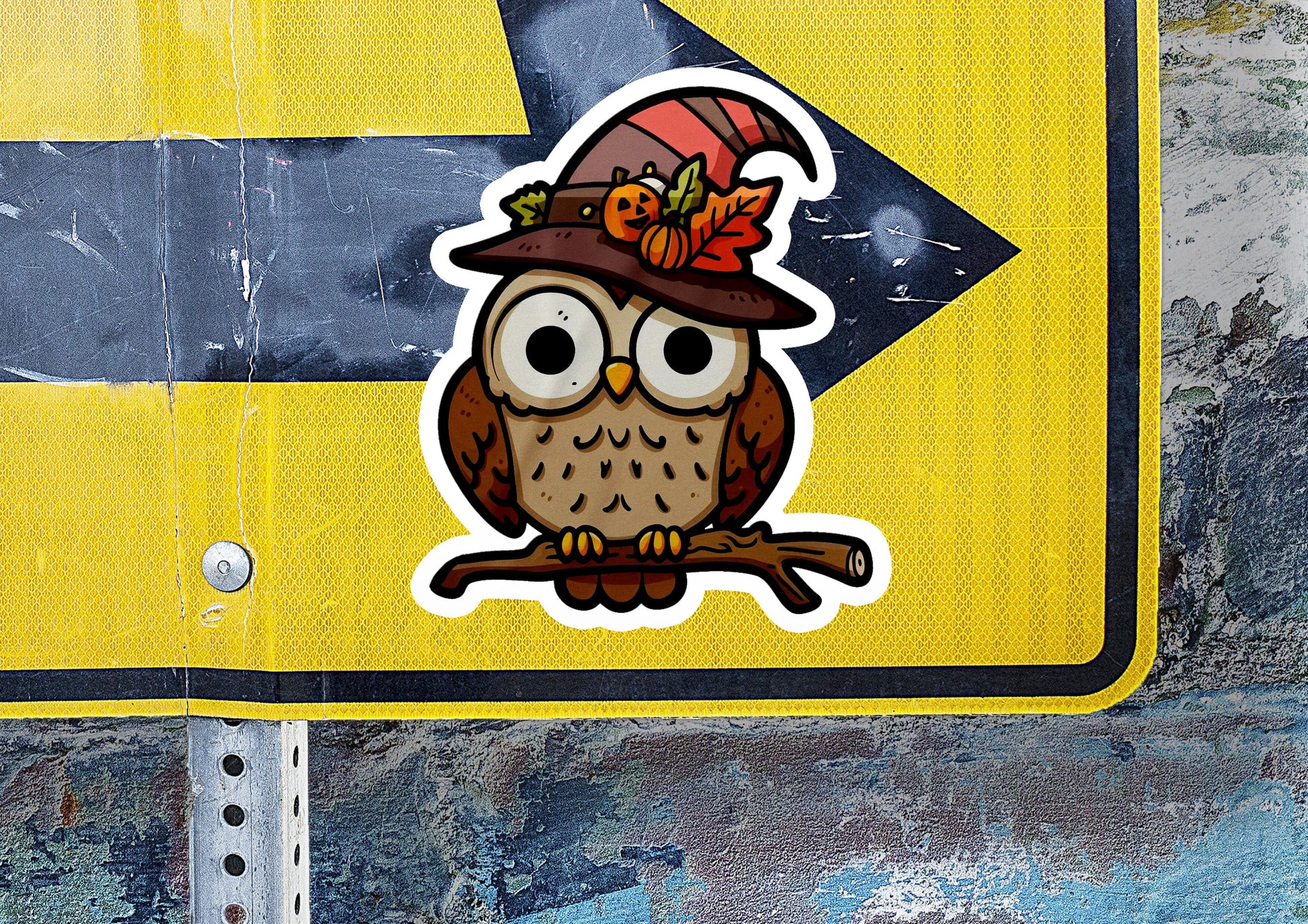 a sticker of an owl wearing a hat and holding a sticker of a