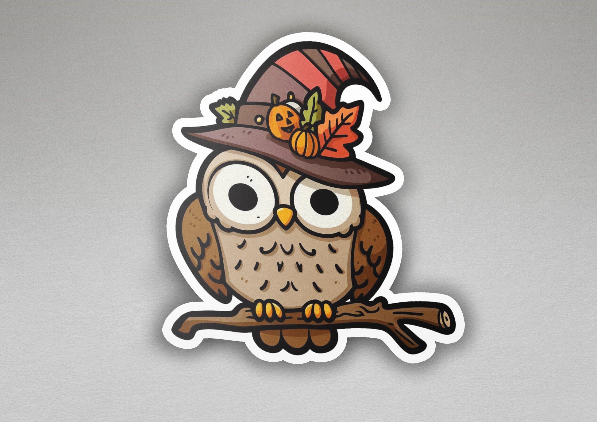 a sticker of an owl wearing a hat and holding a sticker of a