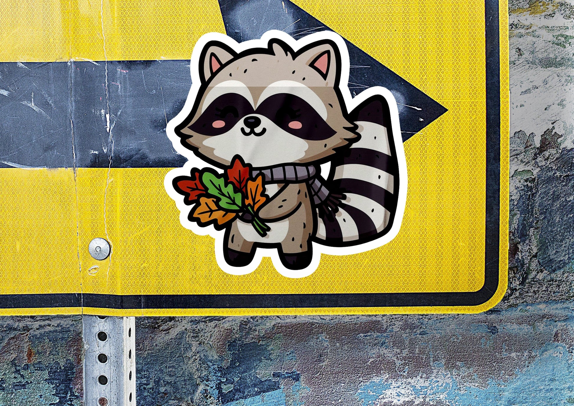 a sticker of a raccoon holding an autumn leaf