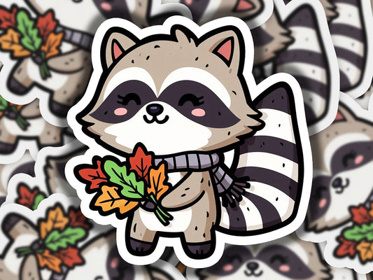 a sticker of a raccoon holding a fall leaf