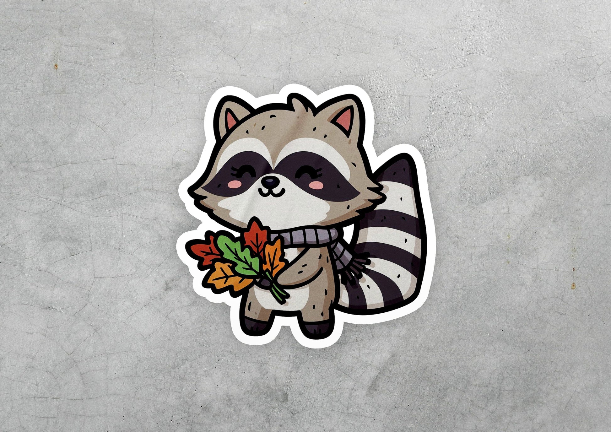 a sticker of a raccoon holding a flower