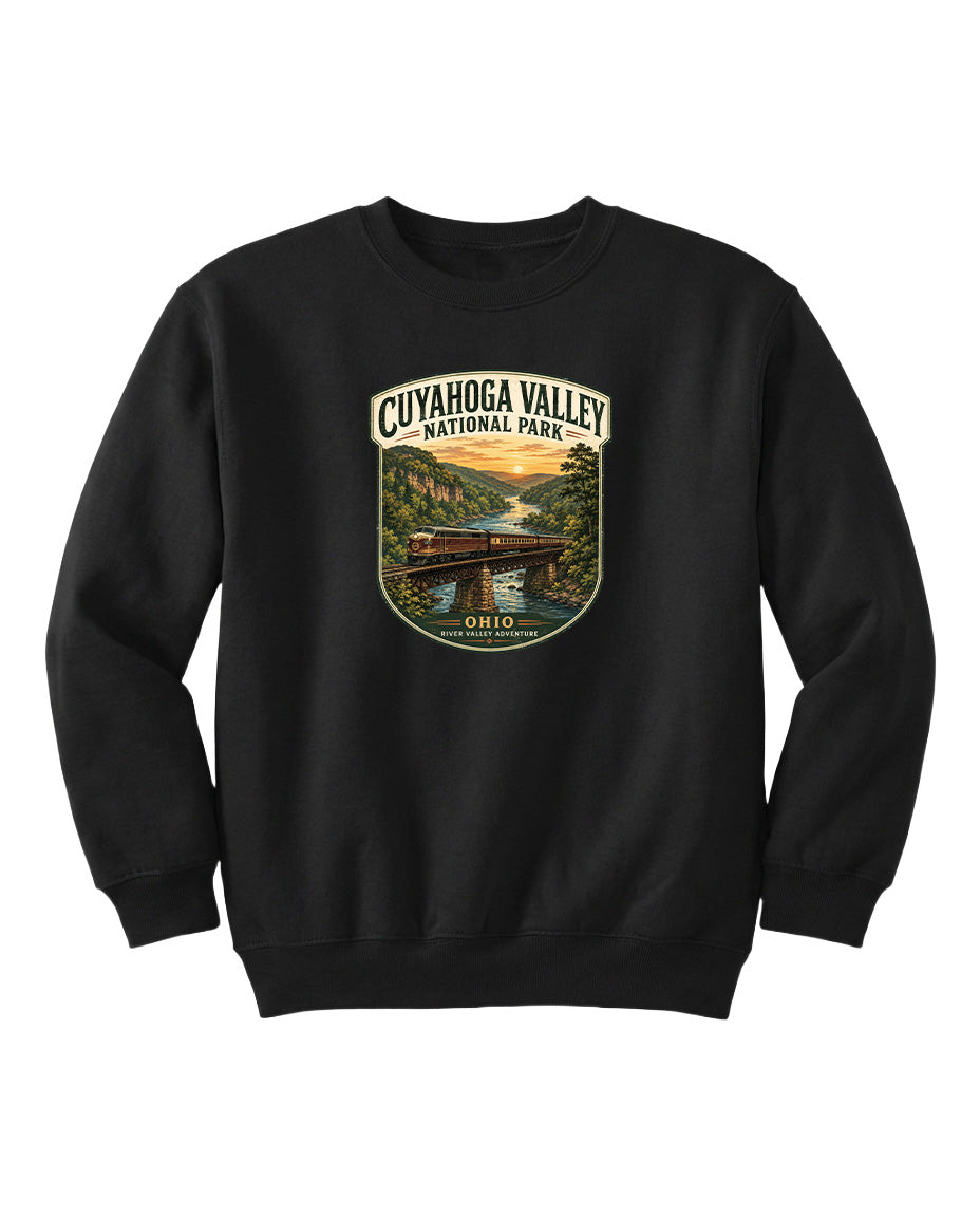A black sweatshirt with a graphic design depicting a scenic view of the Cuyahoga Valley National Park in Ohio.