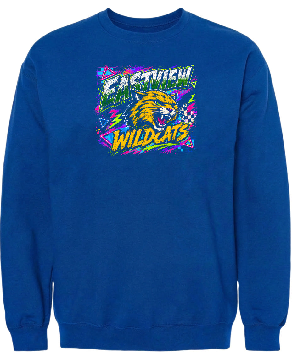 A blue sweatshirt with a graphic design featuring a fierce-looking cat and the text "EASTVIEW WILDCATS".