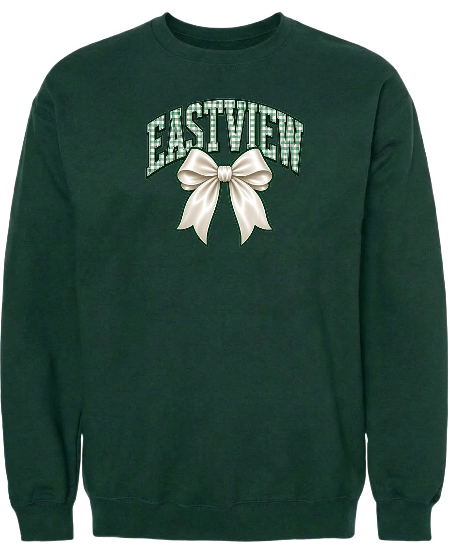 A dark green sweatshirt with a white bow and the word "EASTVIEW" printed on it.