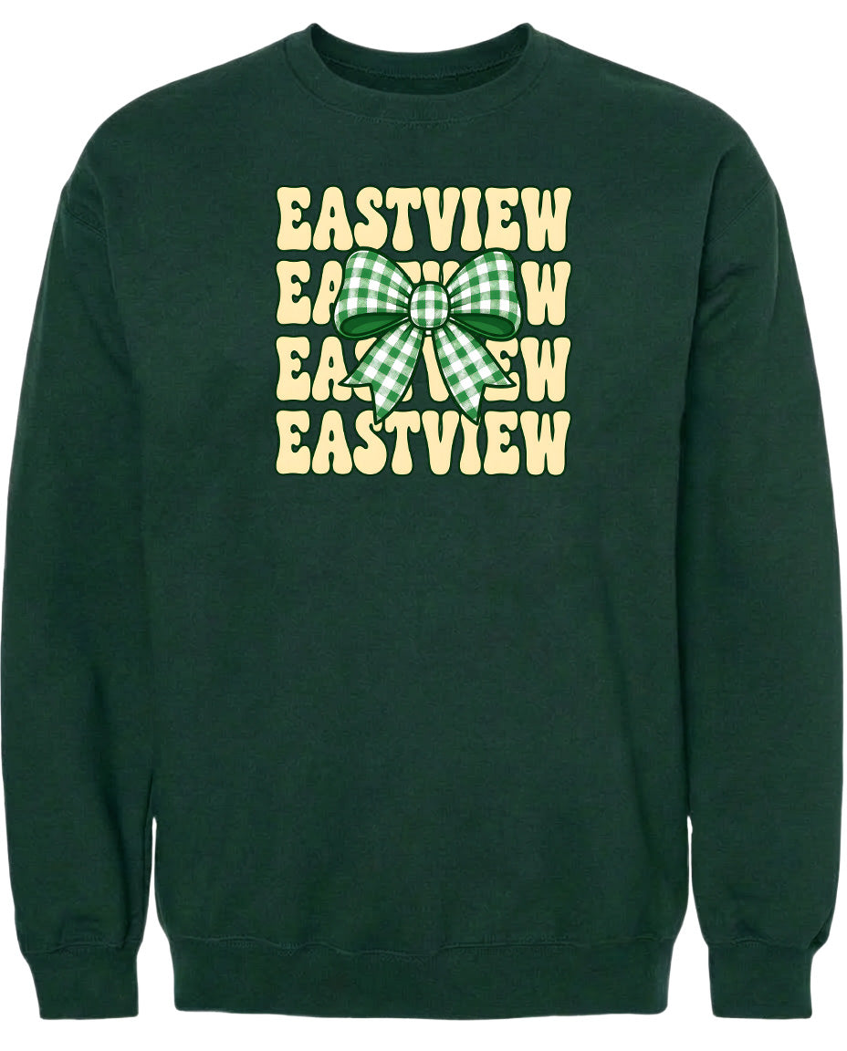 A dark green sweatshirt with a large green bow on the front.