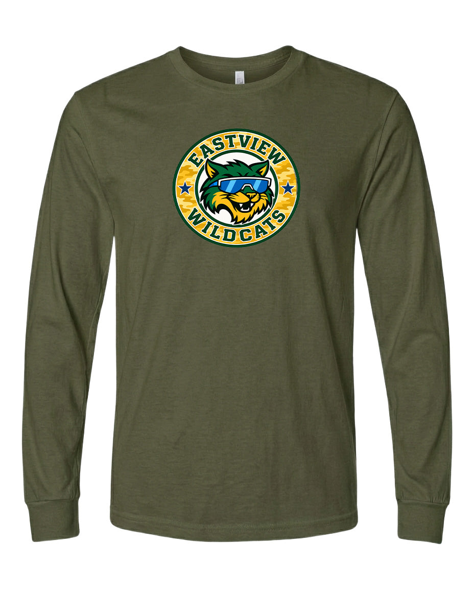 A long-sleeved olive green t-shirt with a graphic design featuring a yellow and green logo that says "EASTVIEW WILDCATS".