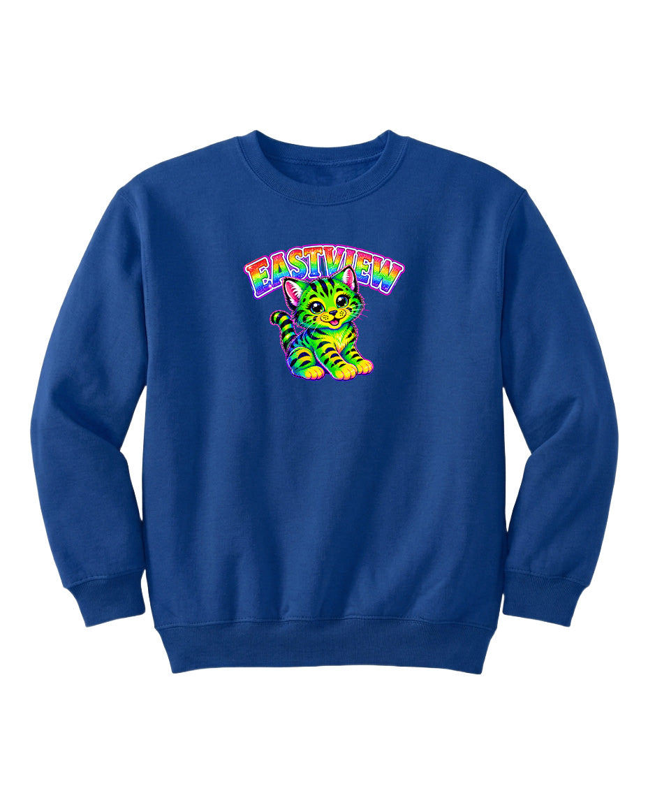 A blue sweatshirt with a colorful graphic of a cat and the word "EASTVIEW" printed on it.
