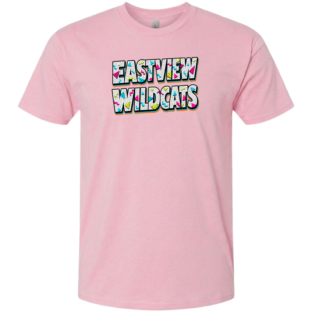 A pink t-shirt with the text "EASTVIEW WILDCATS" printed on it.