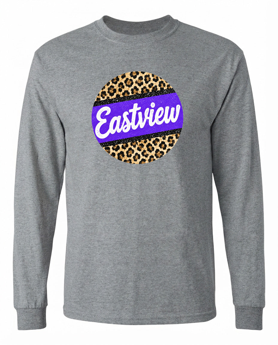 A gray long-sleeved shirt with a circular graphic design on the front. The design features a leopard print pattern with a purple stripe running through it.