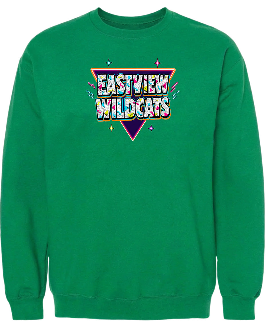 A bright green sweatshirt with a colorful graphic design on the front.