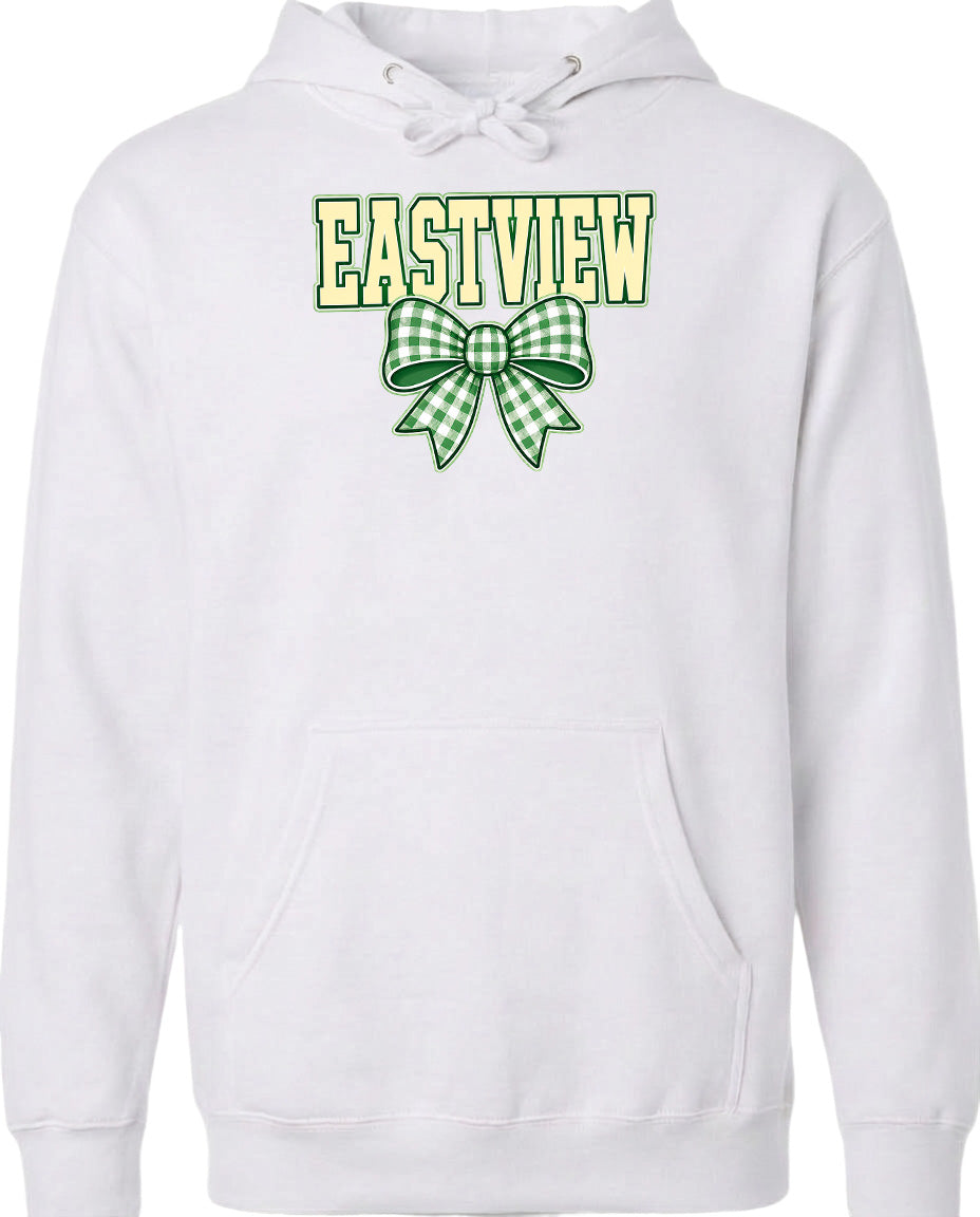 A white hoodie with a green and white bow on the front.