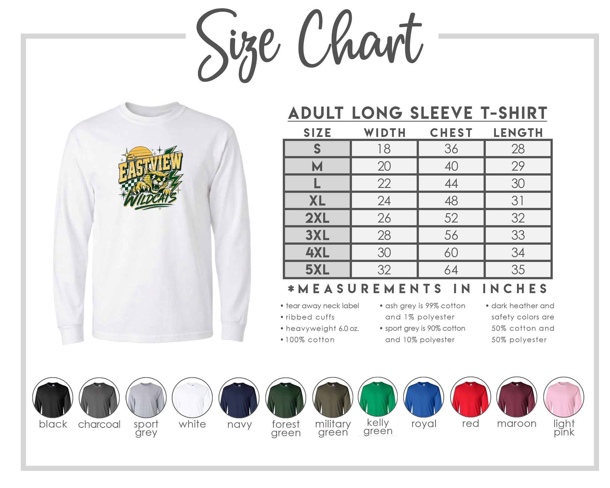The image is a size chart for an adult long sleeve t-shirt, providing measurements and corresponding shirt colors.