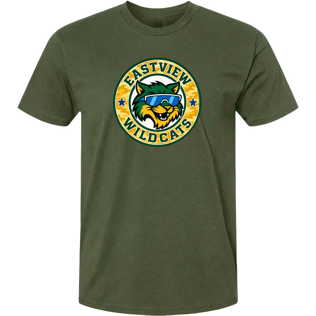A green t-shirt with a graphic design featuring a cartoon-style cat wearing sunglasses and the text "EASTVIEW WILDCATS" around it.