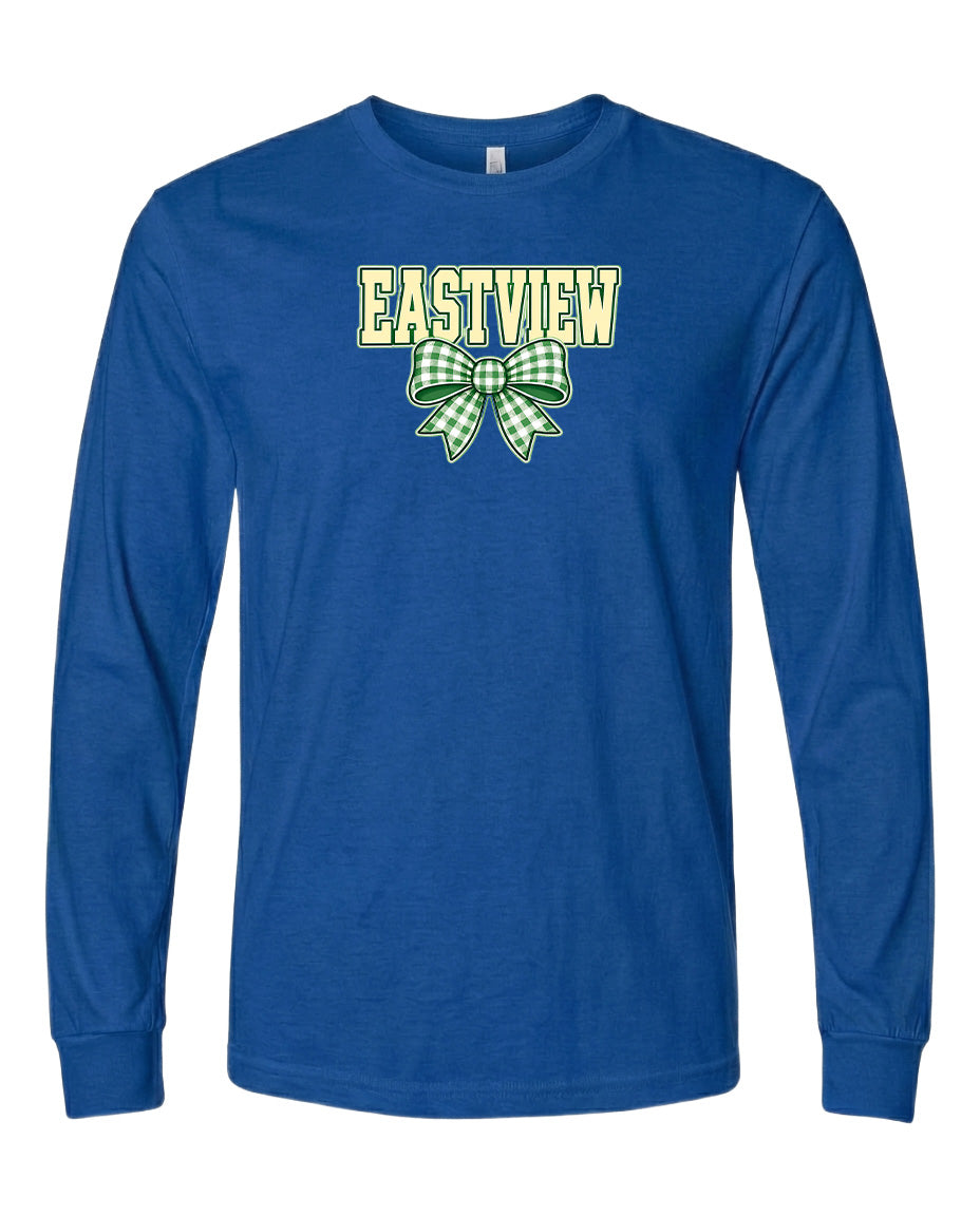A blue long-sleeved t-shirt with a green and white bow graphic and the word "EASTVIEW" printed on it.