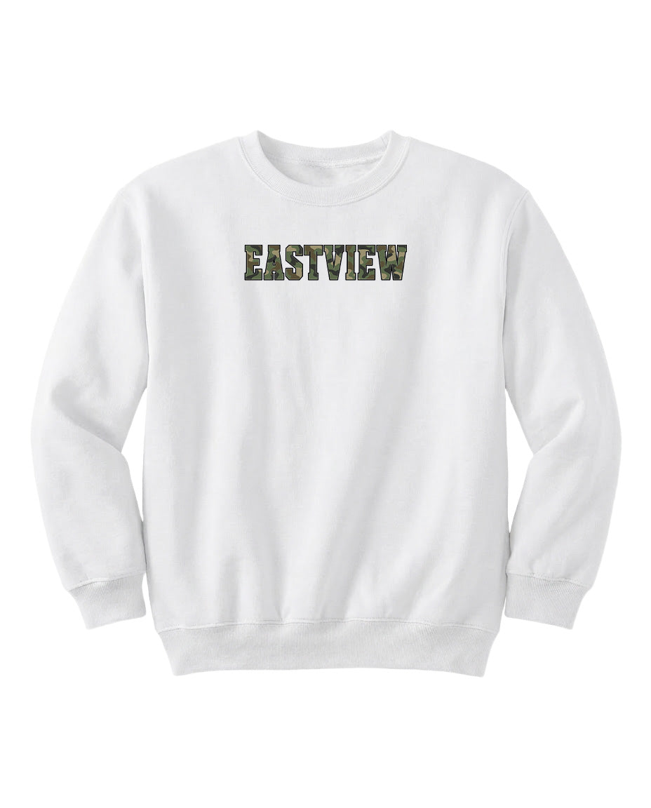 A white sweatshirt with the word "EASTVIEW" printed on it in a camouflage pattern.
