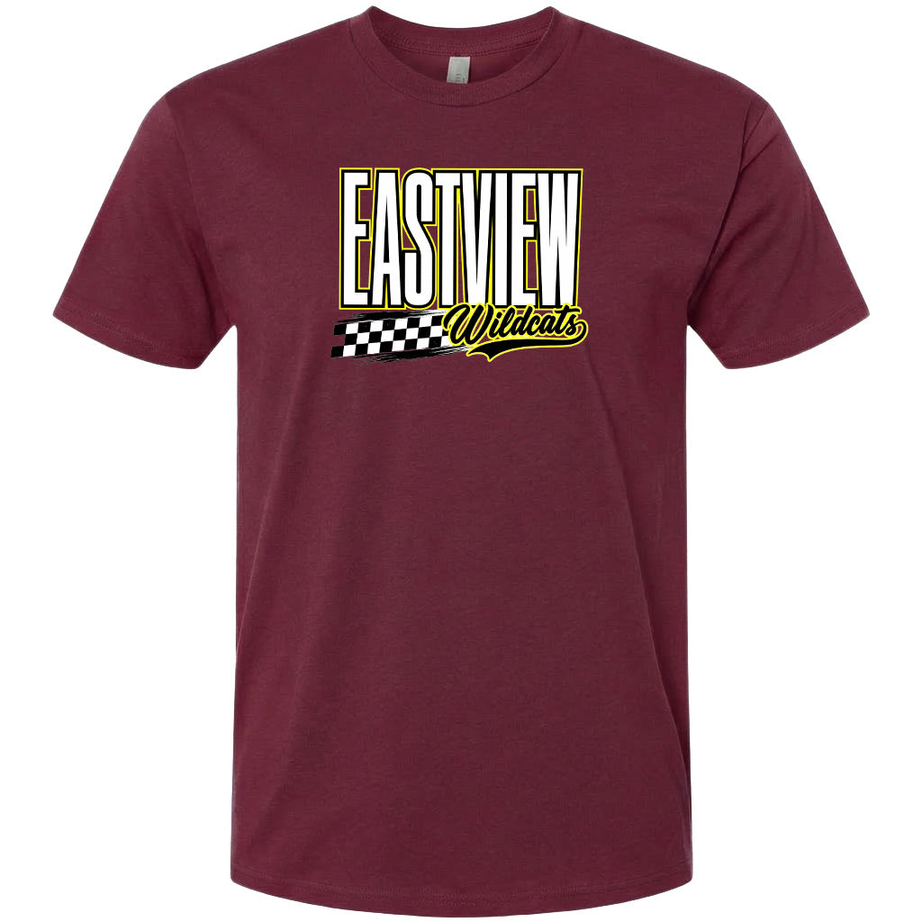 A burgundy-colored t-shirt with a graphic design featuring the text "EASTVIEW Wildcats" in a bold, yellow font.