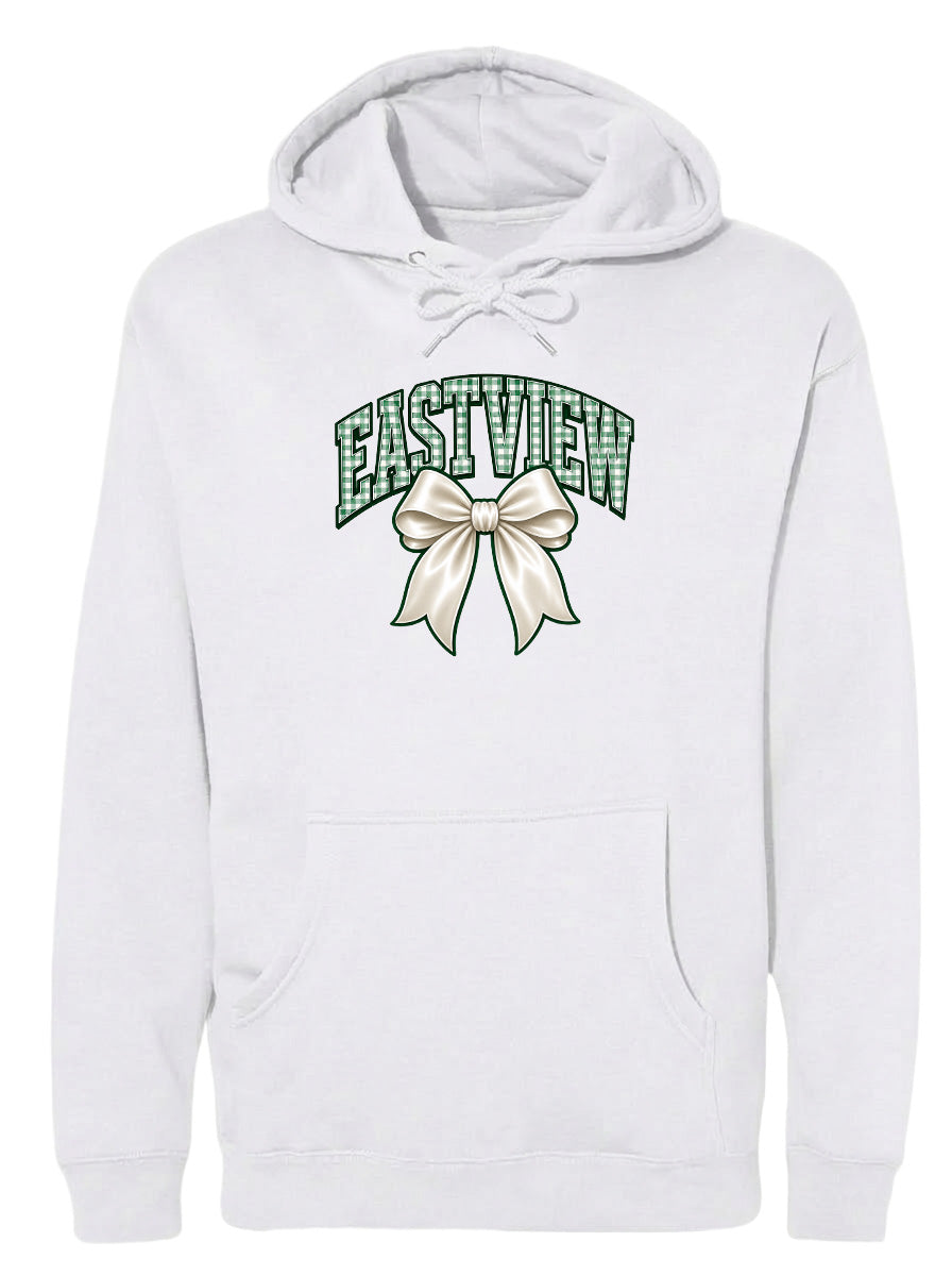 A white hoodie with a graphic design featuring a bow and the word "EASTVIEW" printed on it.