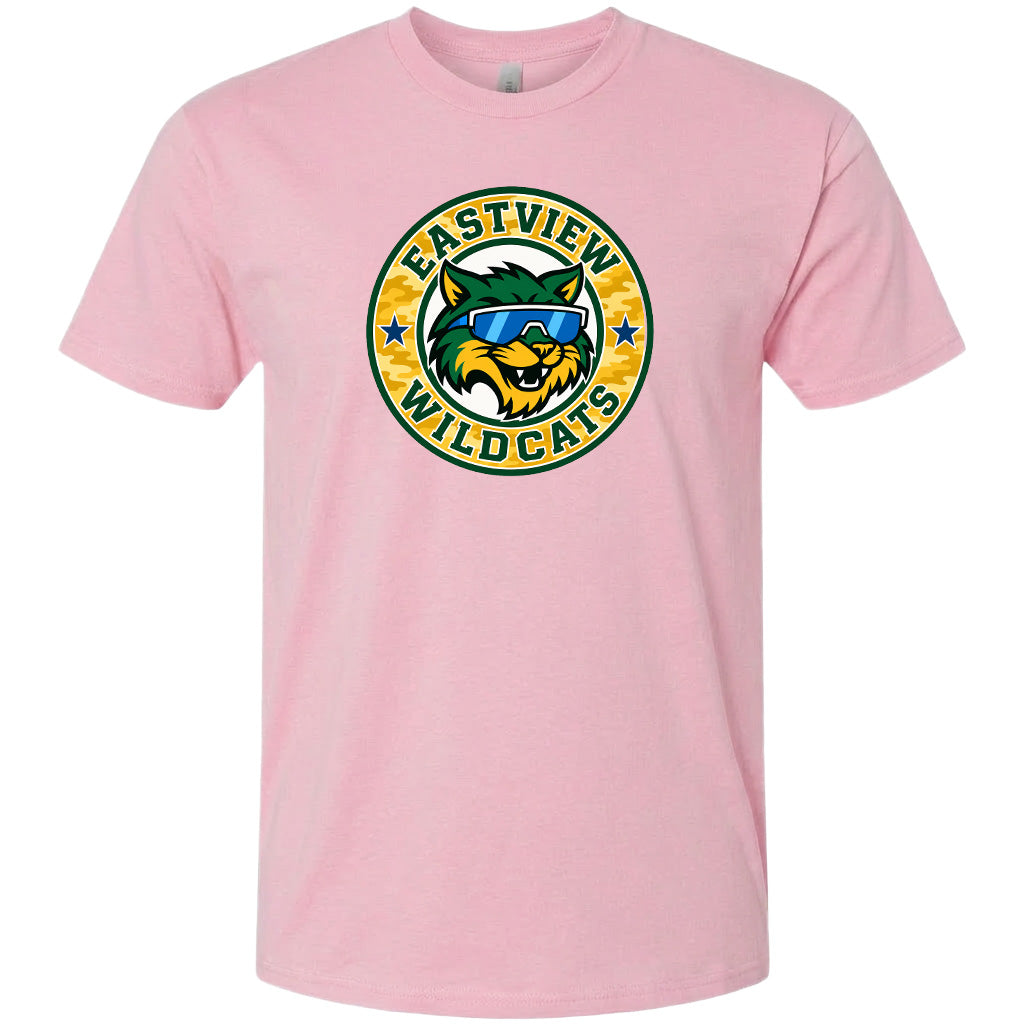 A pink t-shirt with a graphic design featuring a cartoon-style cat wearing sunglasses and the text "EASTVIEW WILDCATS" around it.