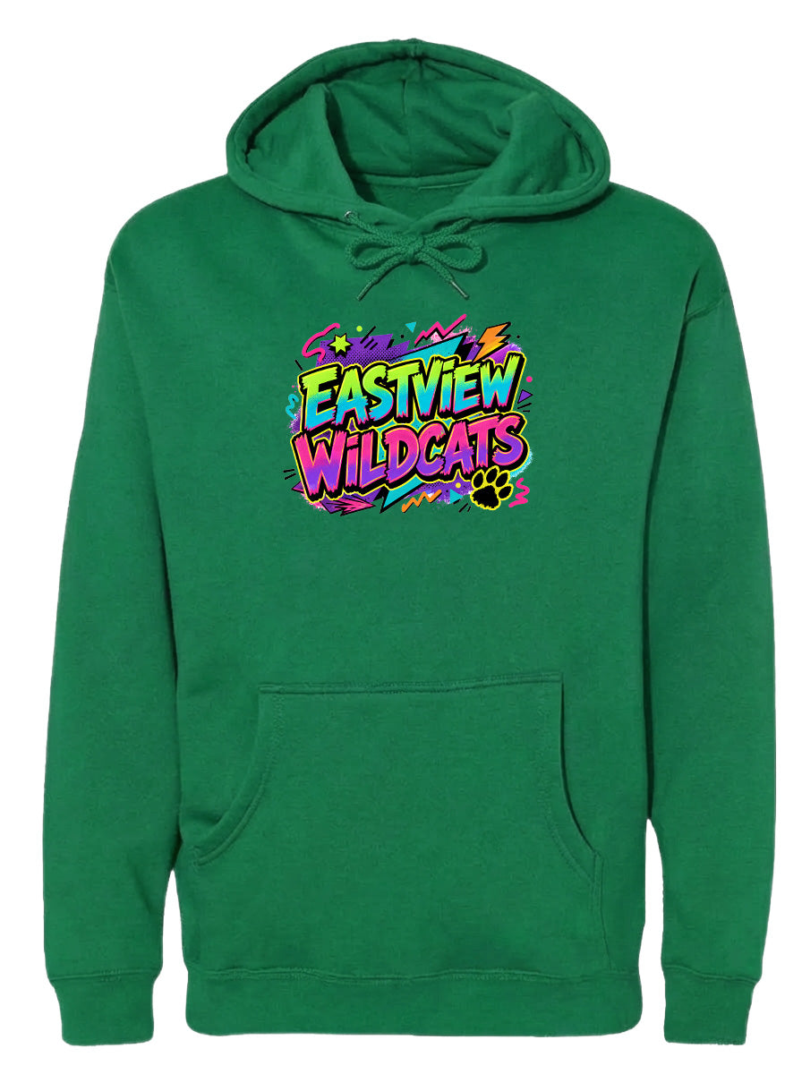 A green hoodie with a colorful graphic design on the front.