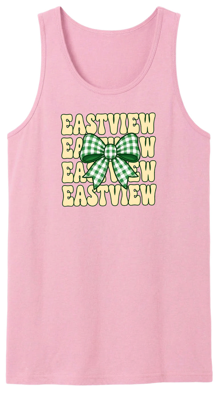 A pink tank top with a green and white checkered bow and the text "EASTVIEW" repeated in a vertical pattern.