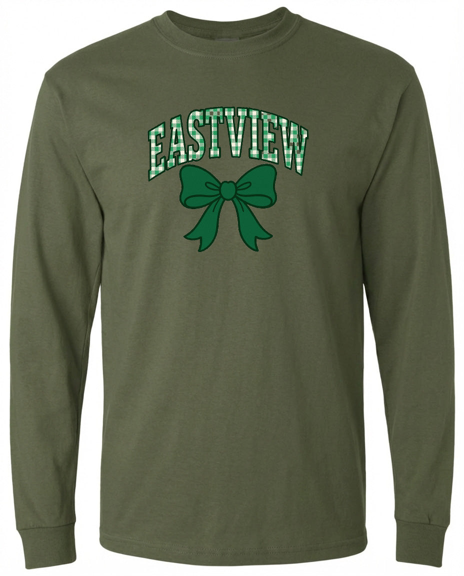 A long-sleeved olive green t-shirt with a green bow and the word "EASTVIEW" printed on it.