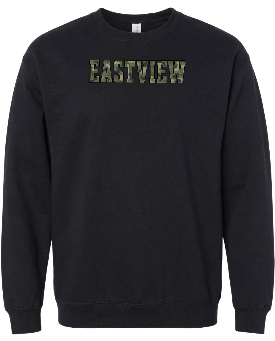 A black sweatshirt with the word "EASTVIEW" printed on it in a camouflage pattern.