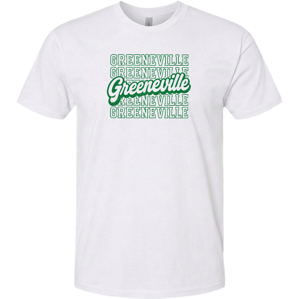 A white t-shirt with the text "GREENVILLE" printed in green letters.