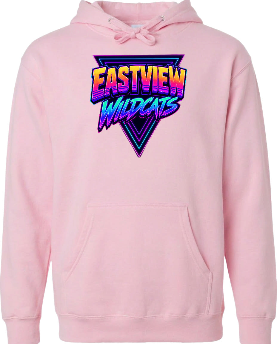 A pink hoodie with a graphic design featuring the text "EASTVIEW WILDCATS" in a colorful, neon-like font.