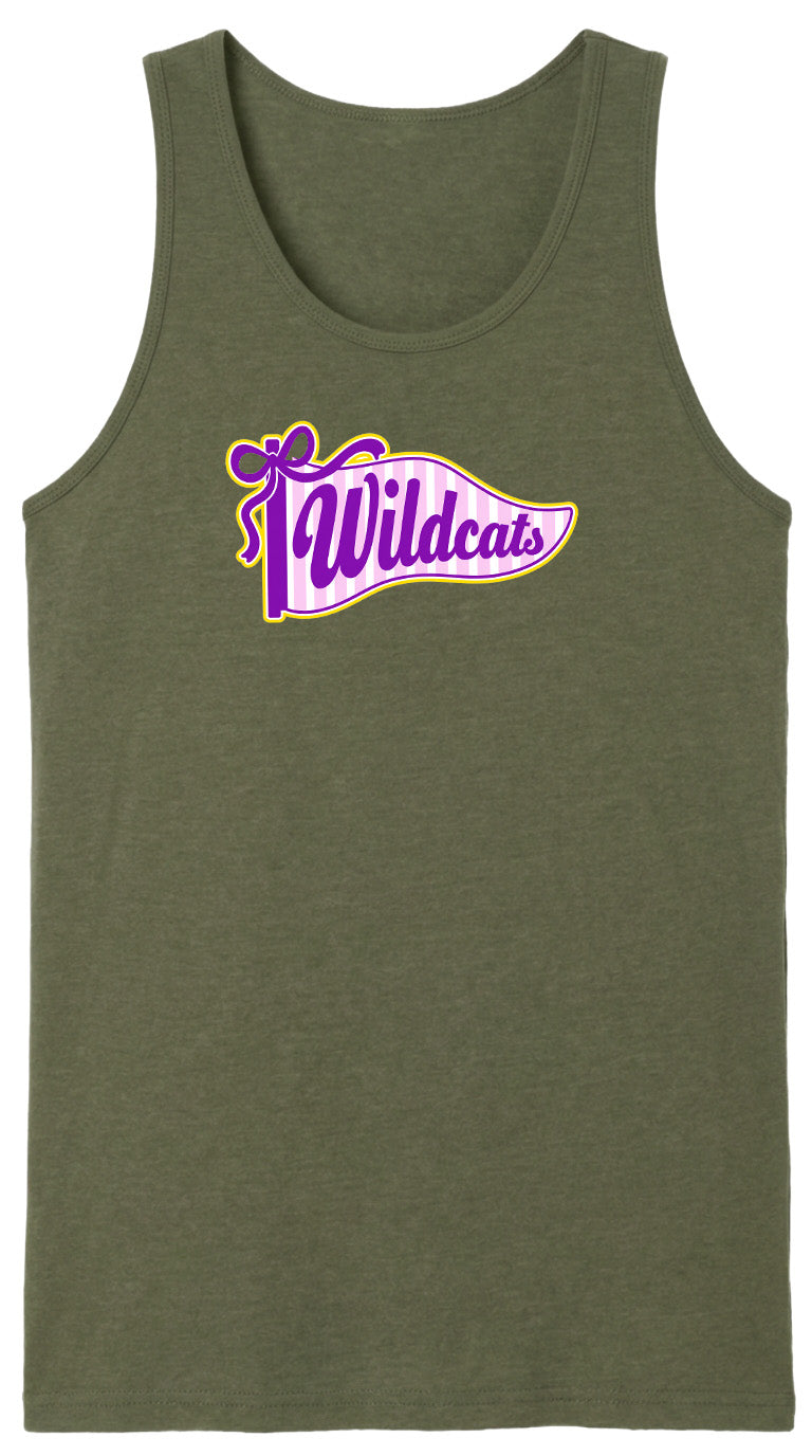A green tank top with a purple and yellow graphic design featuring the text "Wildcats" on it.