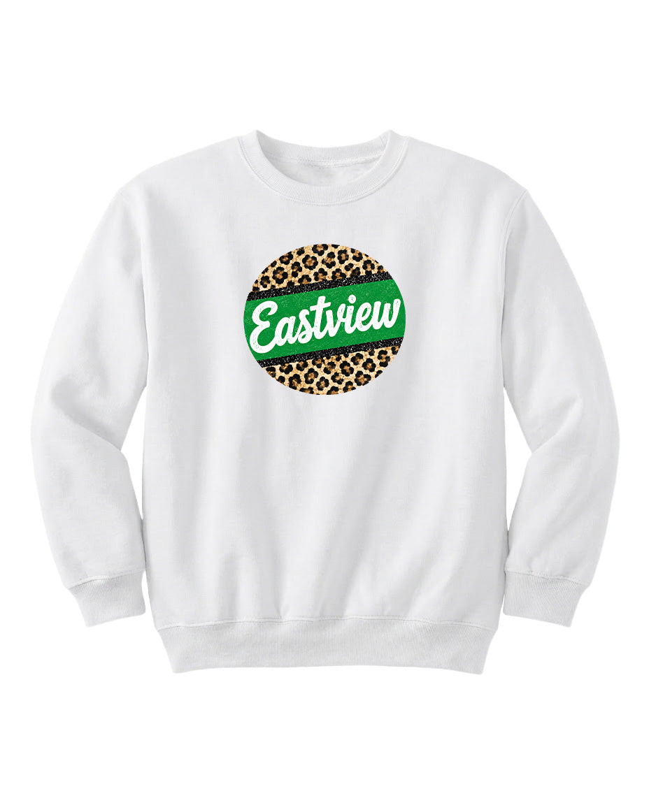 A white sweatshirt with a circular logo on the front. The logo features a leopard print design with the word "Eastview" written in green text.