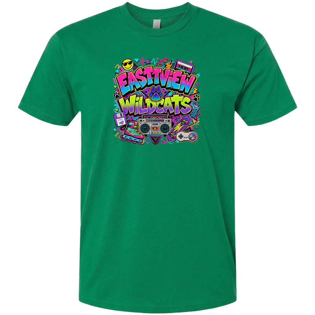 A green t-shirt with a colorful graphic design featuring the text "Eastview Wildcats" surrounded by various icons and elements, such as a boombox, sunglasses, and a smiley face.
