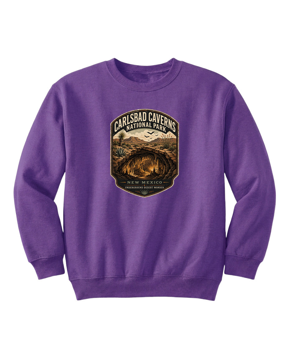 A purple sweatshirt with a graphic design featuring the entrance to the Carlsbad Caverns National Park in New Mexico.