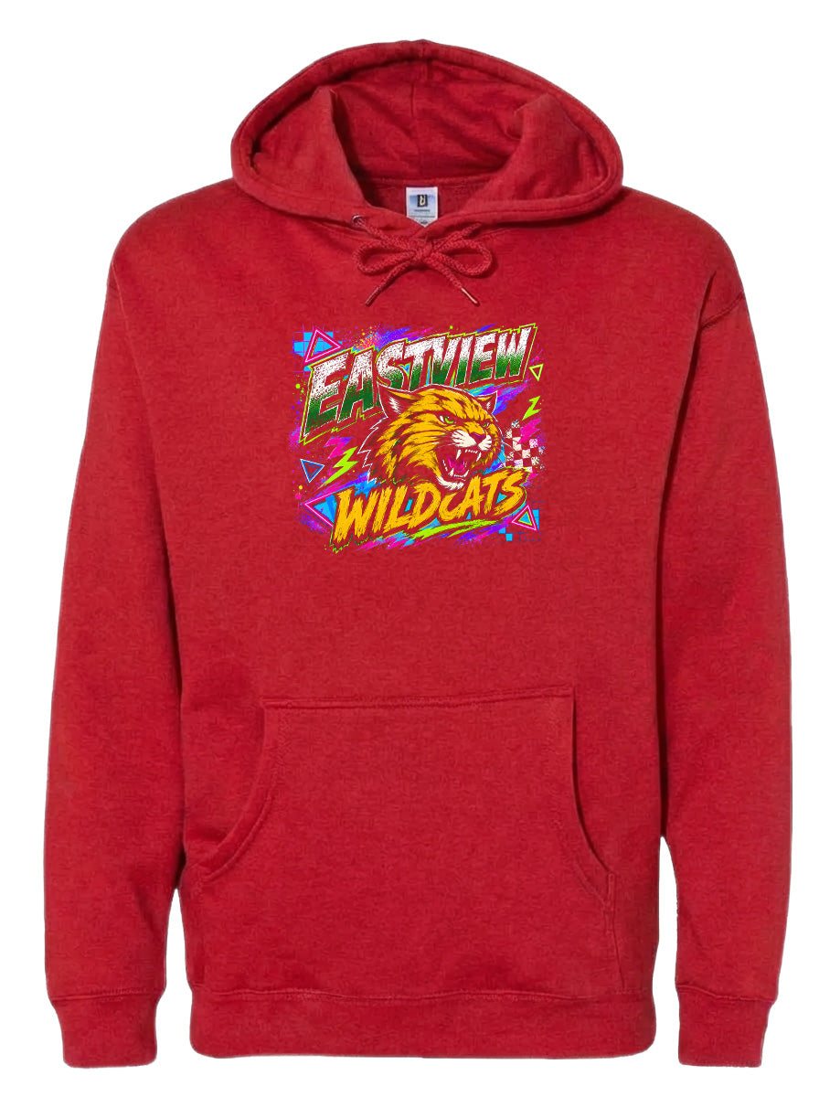 A red hoodie with a graphic design featuring a fierce-looking wildcat on the front.