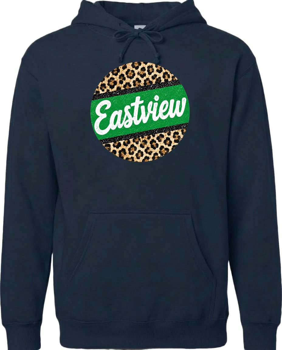 A navy blue hoodie with a leopard print design and the word "Eastview" printed on it.