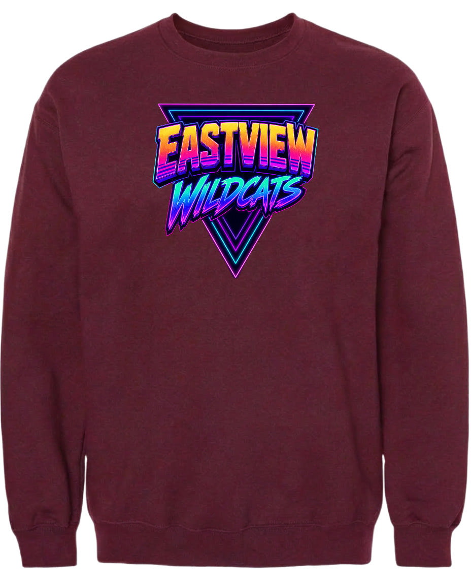 A burgundy-colored sweatshirt with a graphic design featuring the text "EASTVIEW WILDCATS" in a stylized font.