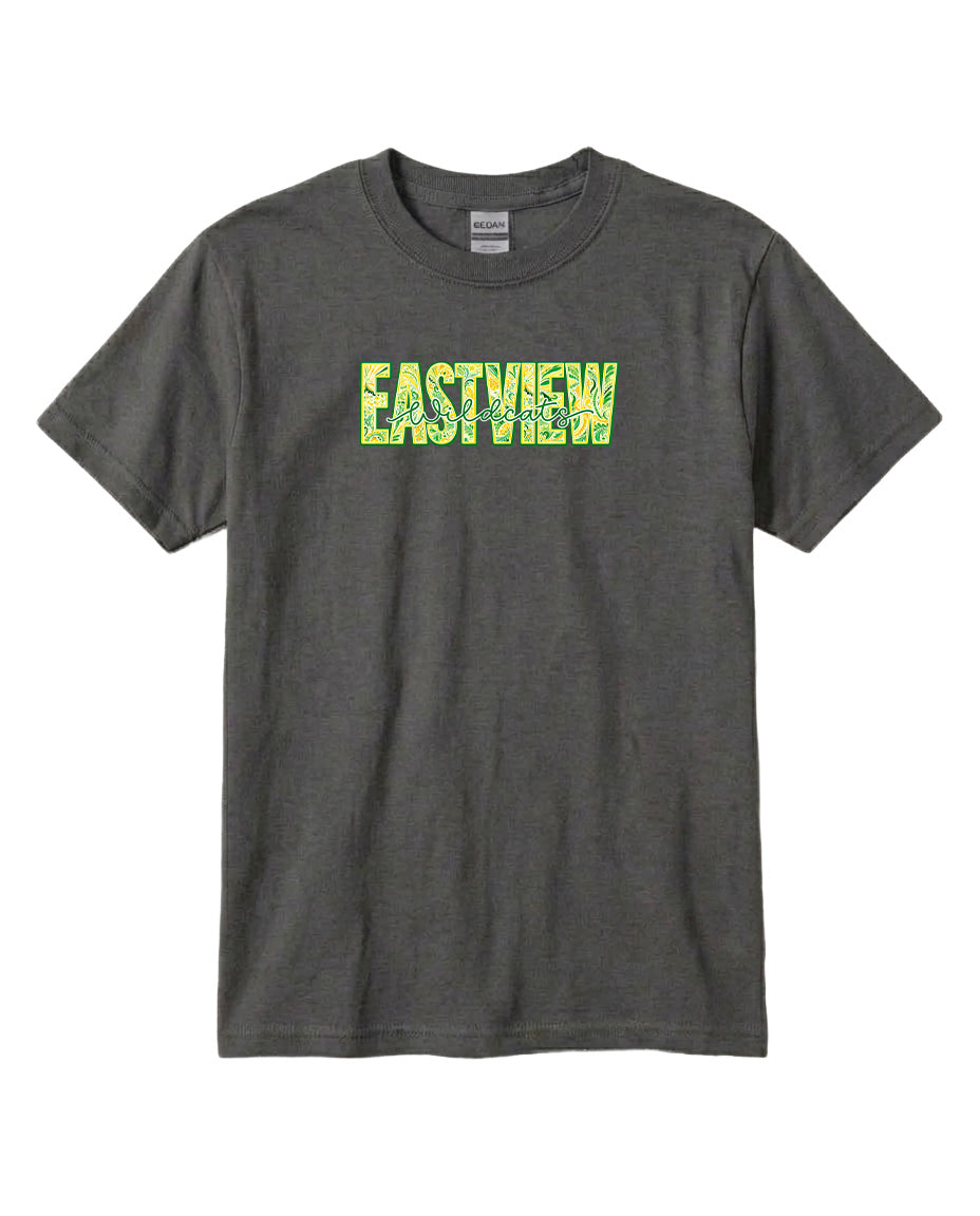 A gray t-shirt with the word "EASTVIEW" printed in green and yellow letters.