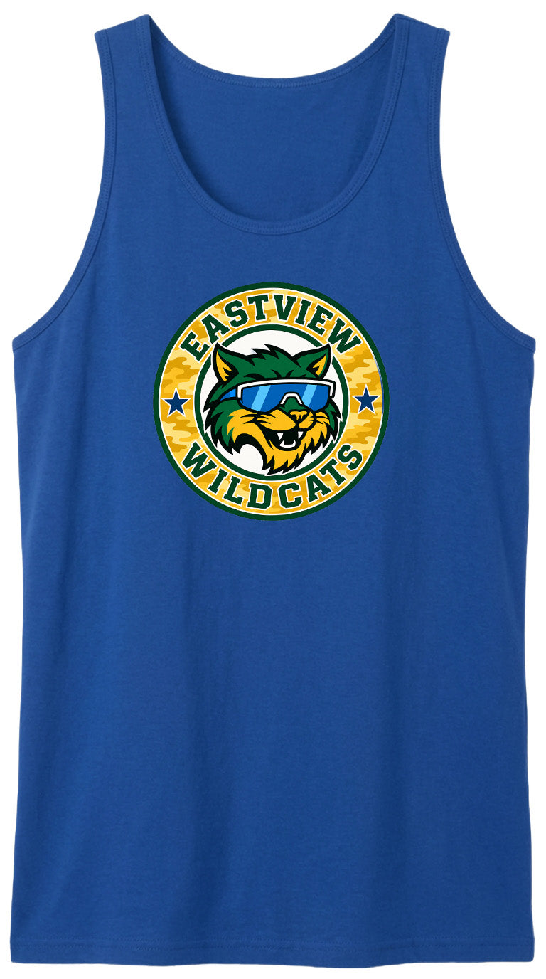 A blue tank top with a graphic design featuring a cartoon cat wearing sunglasses and the text "EASTVIEW WILDCATS".