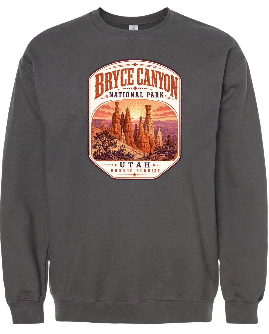 A gray sweatshirt with a graphic design depicting the Bryce Canyon National Park in Utah.
