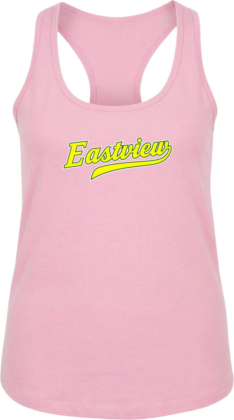 A pink tank top with the word "Eastview" printed in yellow on the front.