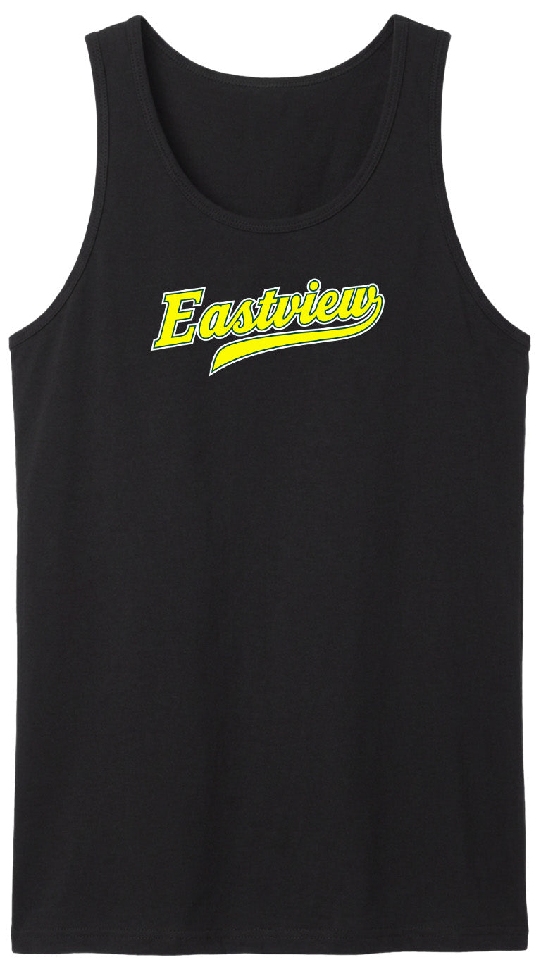 A black tank top with the word "Eastview" printed in yellow on it.