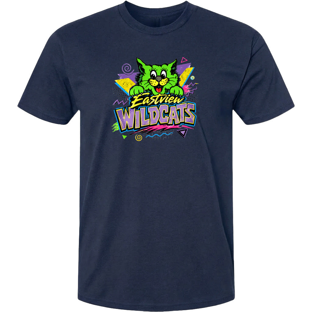 A navy blue t-shirt with a colorful graphic design featuring a cartoon cat and the text "Eastview Wildcats".