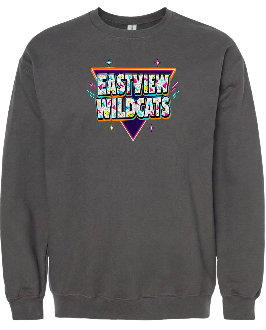 A gray sweatshirt with a colorful graphic design on the front.