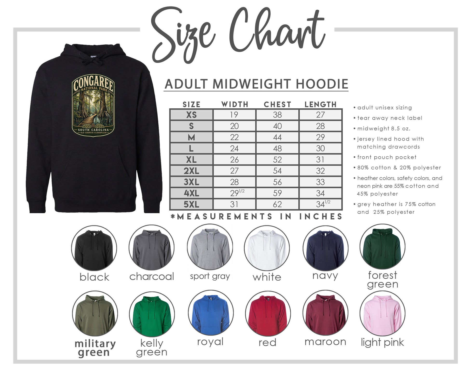The image is a size chart for an adult midweight hoodie, including various color options and corresponding measurements in inches.