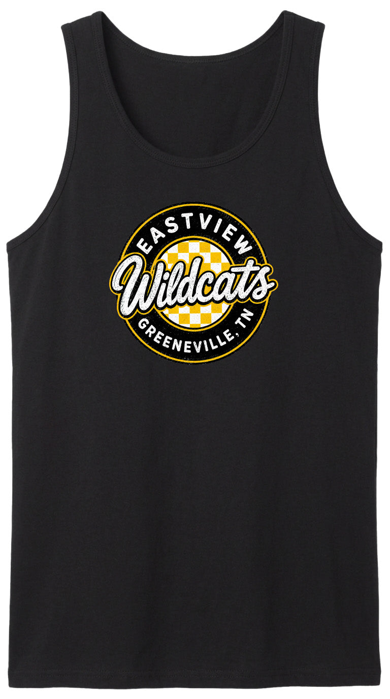 A black tank top with a graphic design featuring the text "EASTVIEW Wildcats" and "Greeneville, TN" printed on it.